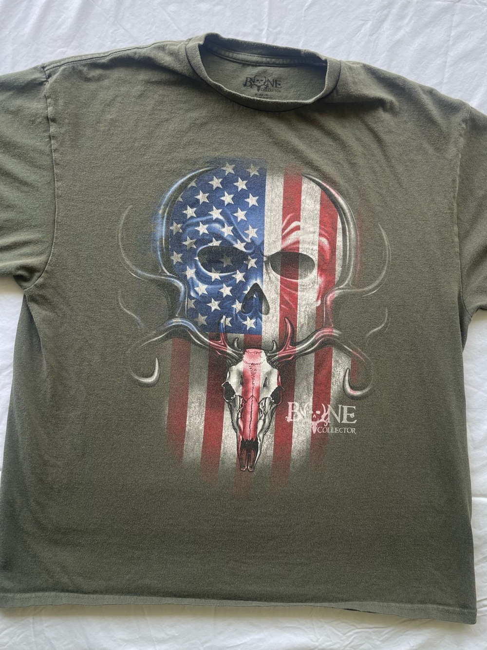 BONE Collector Olive Green Short Sleeve Graphic Tee - American Flag Skull